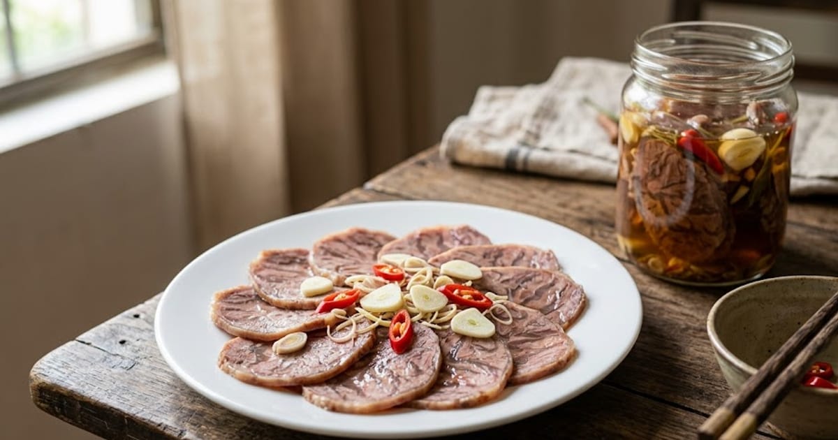 Đĩa bắp bò ngâm chua ngọt thái lát mỏng có gân trong, xếp cùng tỏi, ớt, sả lát