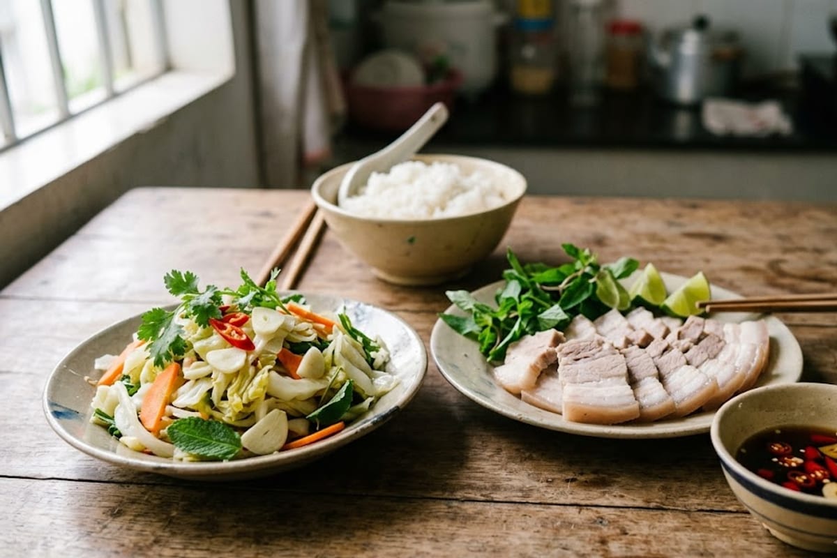 Đĩa bắp cải chua ngọt bên đĩa thịt ba chỉ luộc thái lát và bát nước mắm