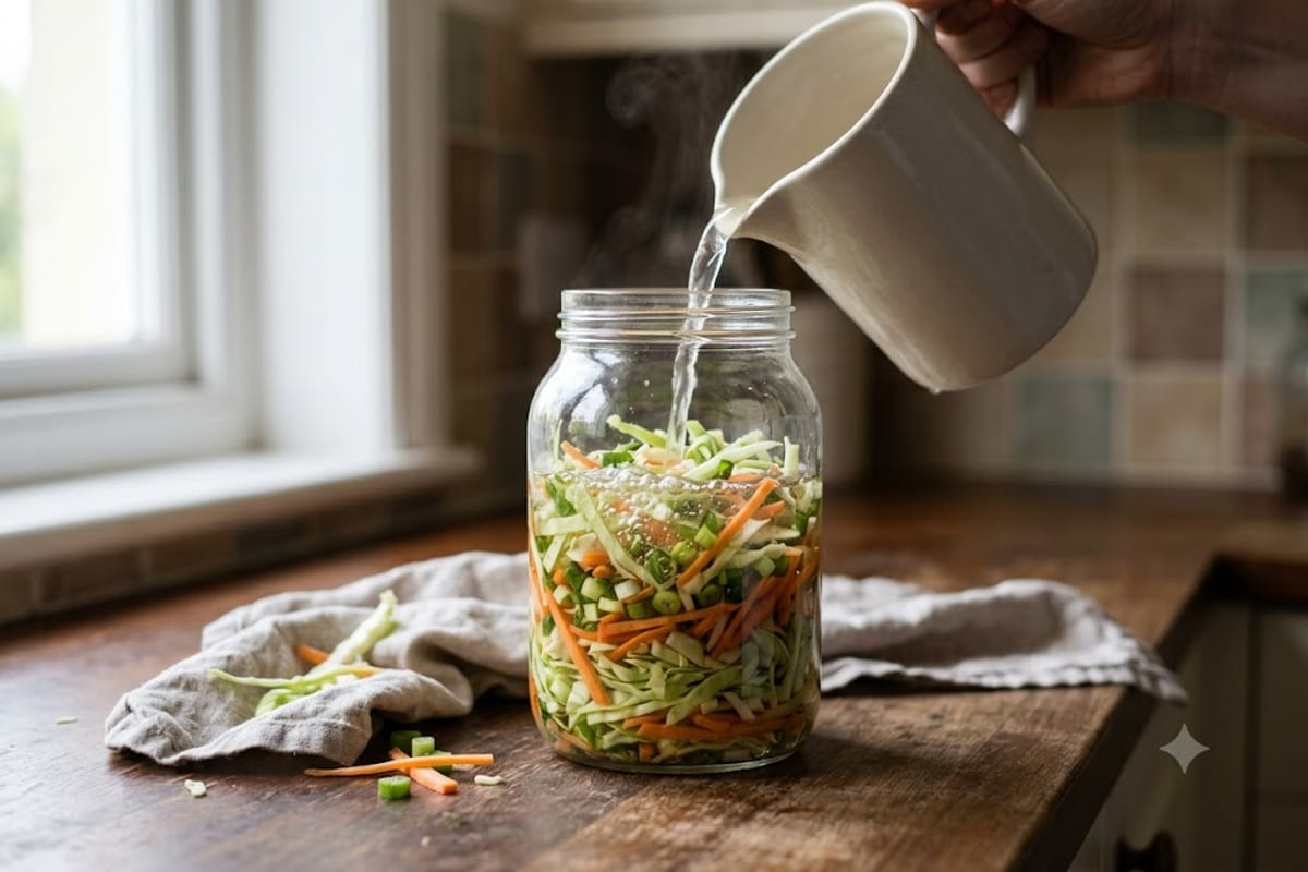 Xếp bắp cải, cà rốt, hành lá vào hũ và đổ nước muối ngập