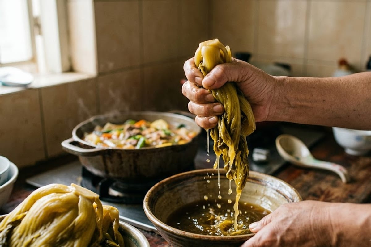 Dưa cải chua vàng được vắt ráo nước trong tay trước khi cho vào nồi