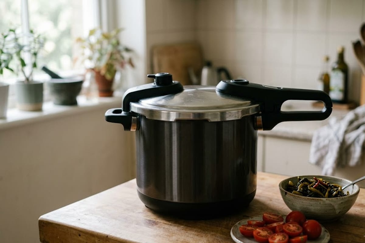 Nồi áp suất điện đang hầm bò, nắp đóng, đèn báo sáng