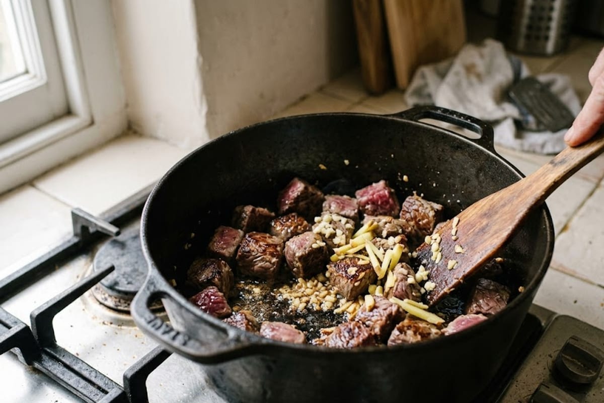 Thịt bò cắt miếng vuông đang xào săn trong nồi với tỏi và gừng