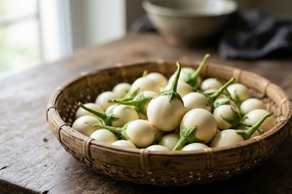Rổ cà pháo trắng bánh tẻ, quả tròn đều cỡ đầu ngón tay cái, cuống xanh tươi