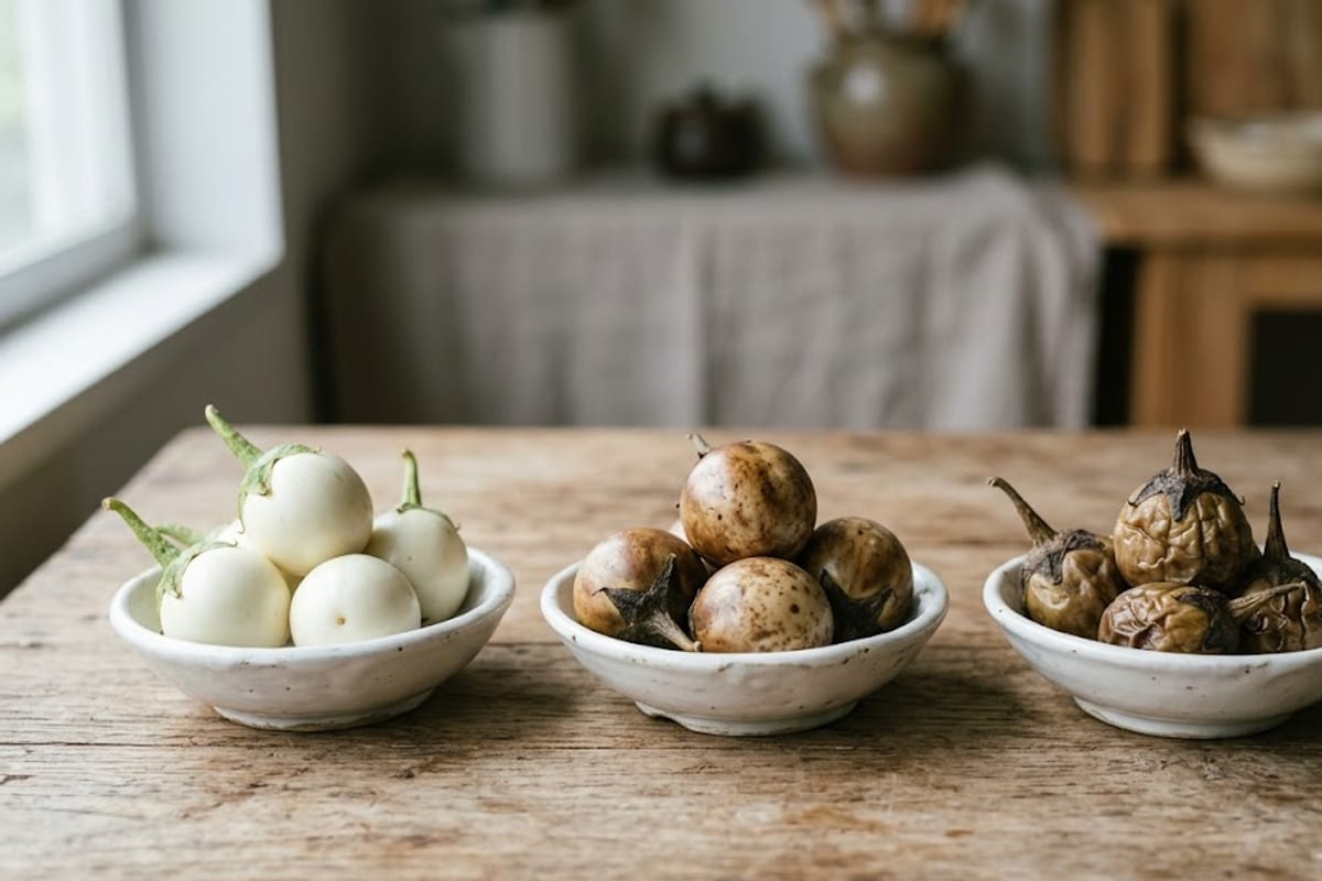 Cà muối đạt trắng ngà giòn, so với cà bị thâm nâu và cà bị nhũn