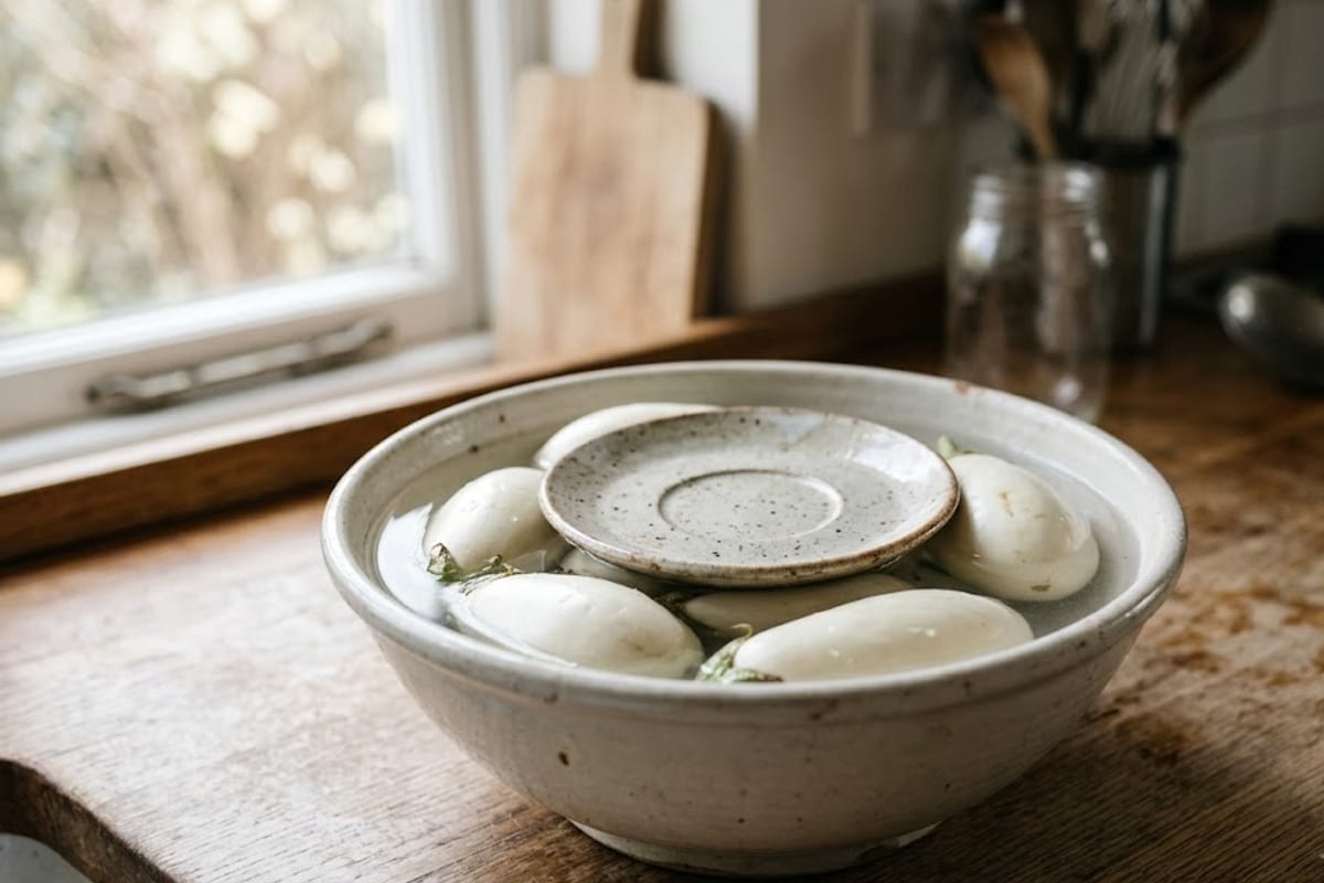 Cà pháo ngâm trong thau nước muối loãng, quả còn trắng, một đĩa đè lên
