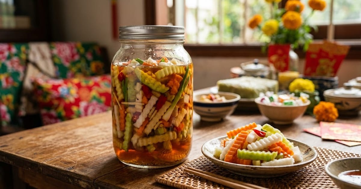Hũ dưa món với đu đủ, cà rốt, củ cải ngâm nước mắm đường