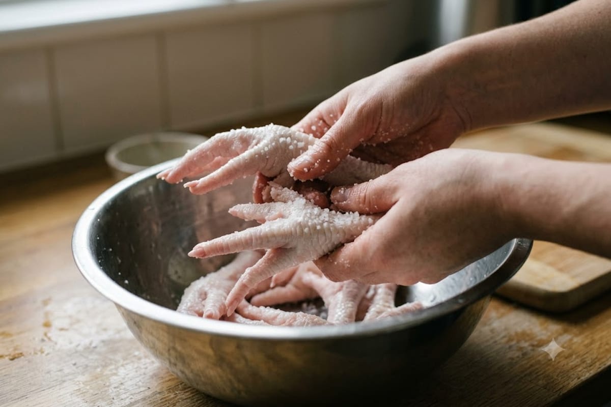 Chà chân gà với muối hạt để khử mùi