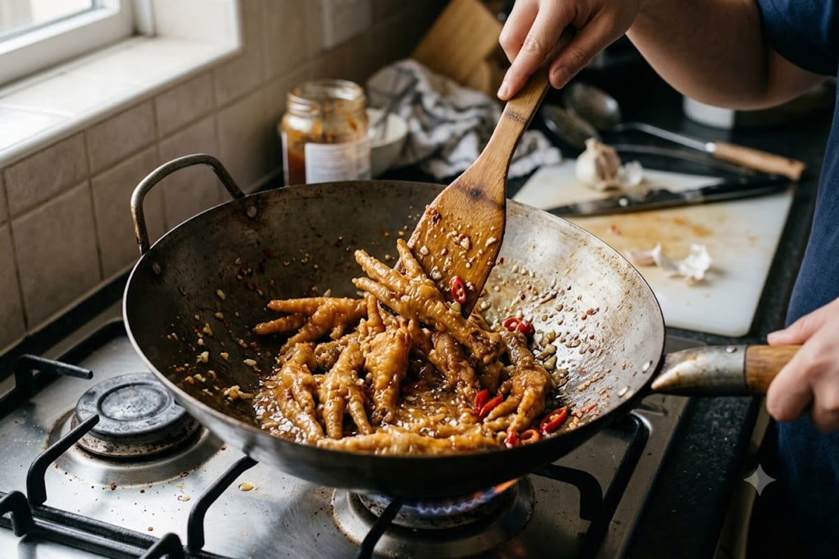Cho chân gà vào chảo sốt, đảo nhanh cho sốt bám đều
