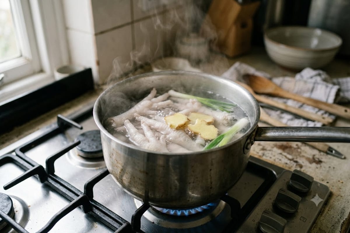 Luộc sơ chân gà với vài lát gừng