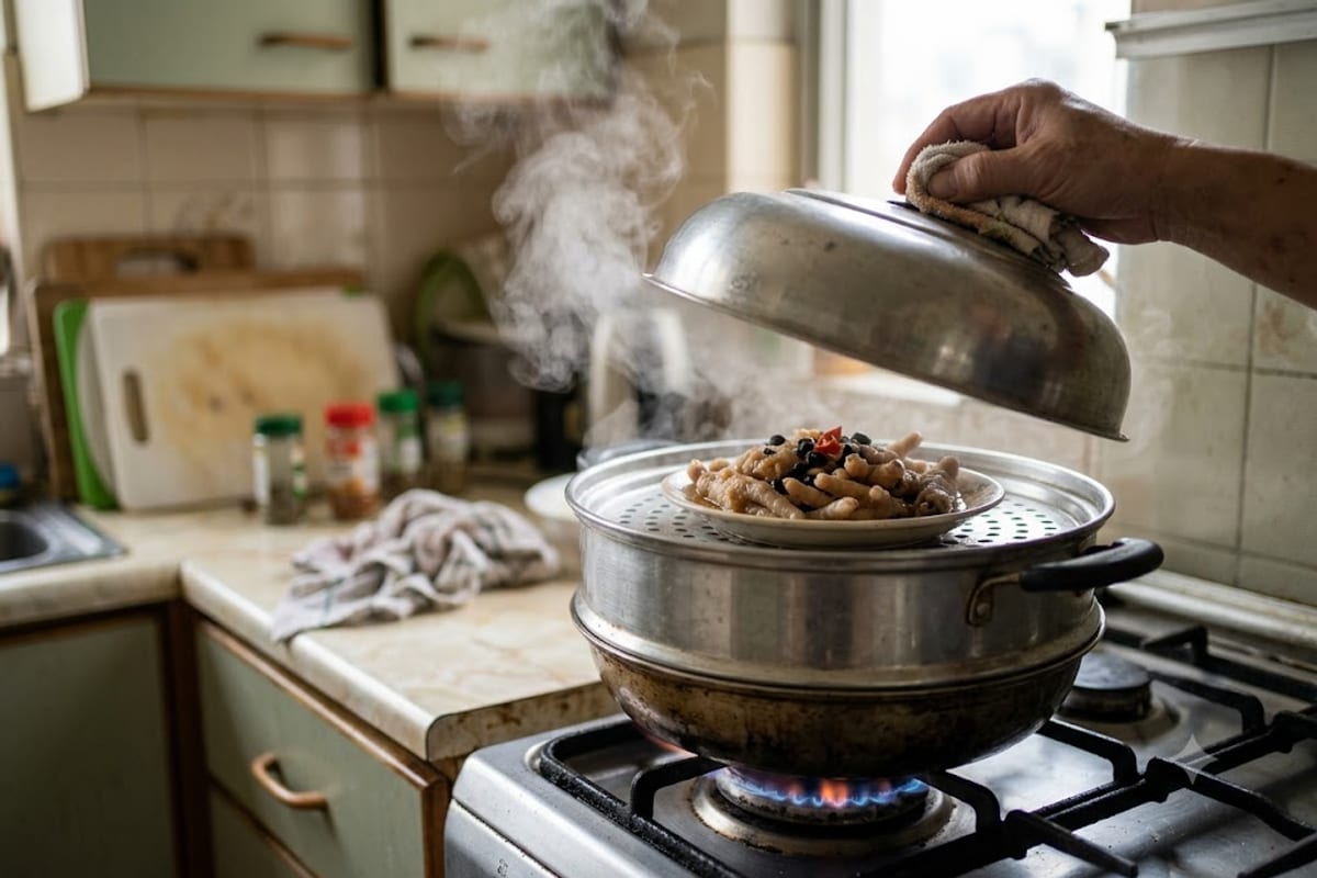 Hấp cách thuỷ chân gà trong xửng hấp