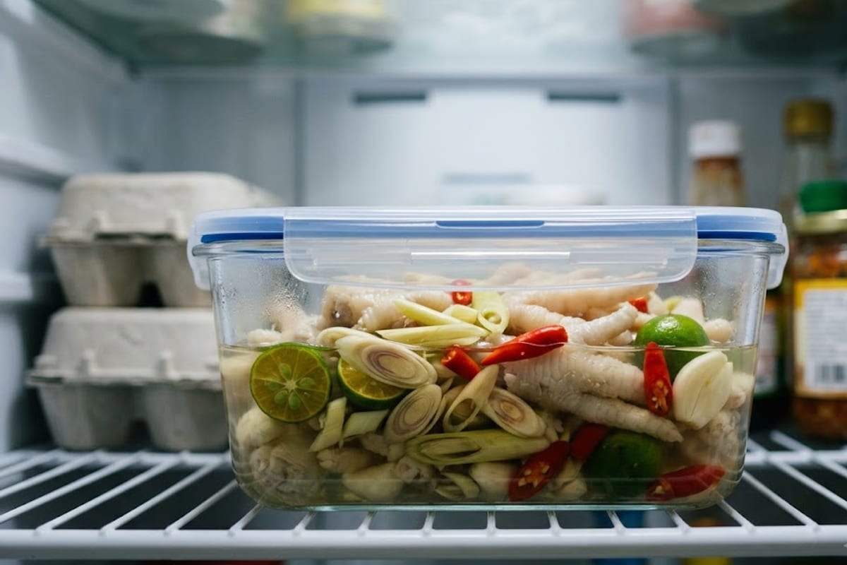Chân gà sả tắc đựng trong hộp thuỷ tinh có nắp, để ngăn mát