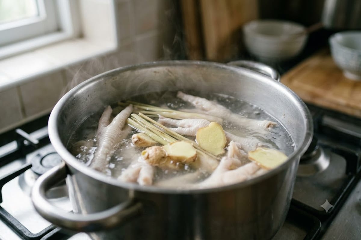 Luộc chân gà trong nồi có gừng và sả đập dập