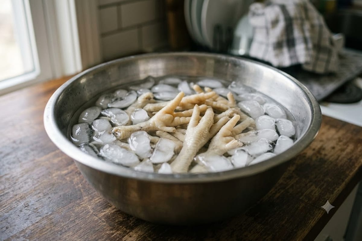 Chân gà vừa luộc được thả vào tô nước đá