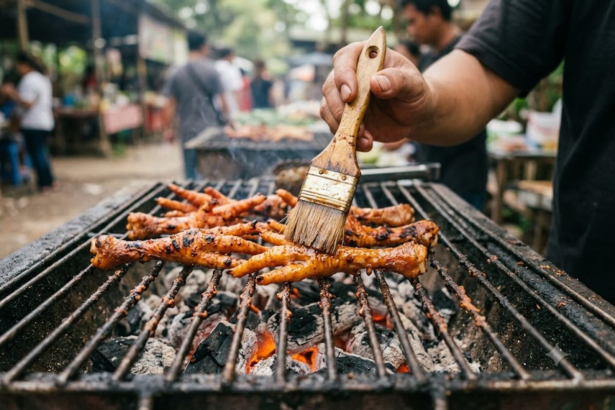 Quét lớp mật ong pha dầu lên chân gà ở lần nướng cuối