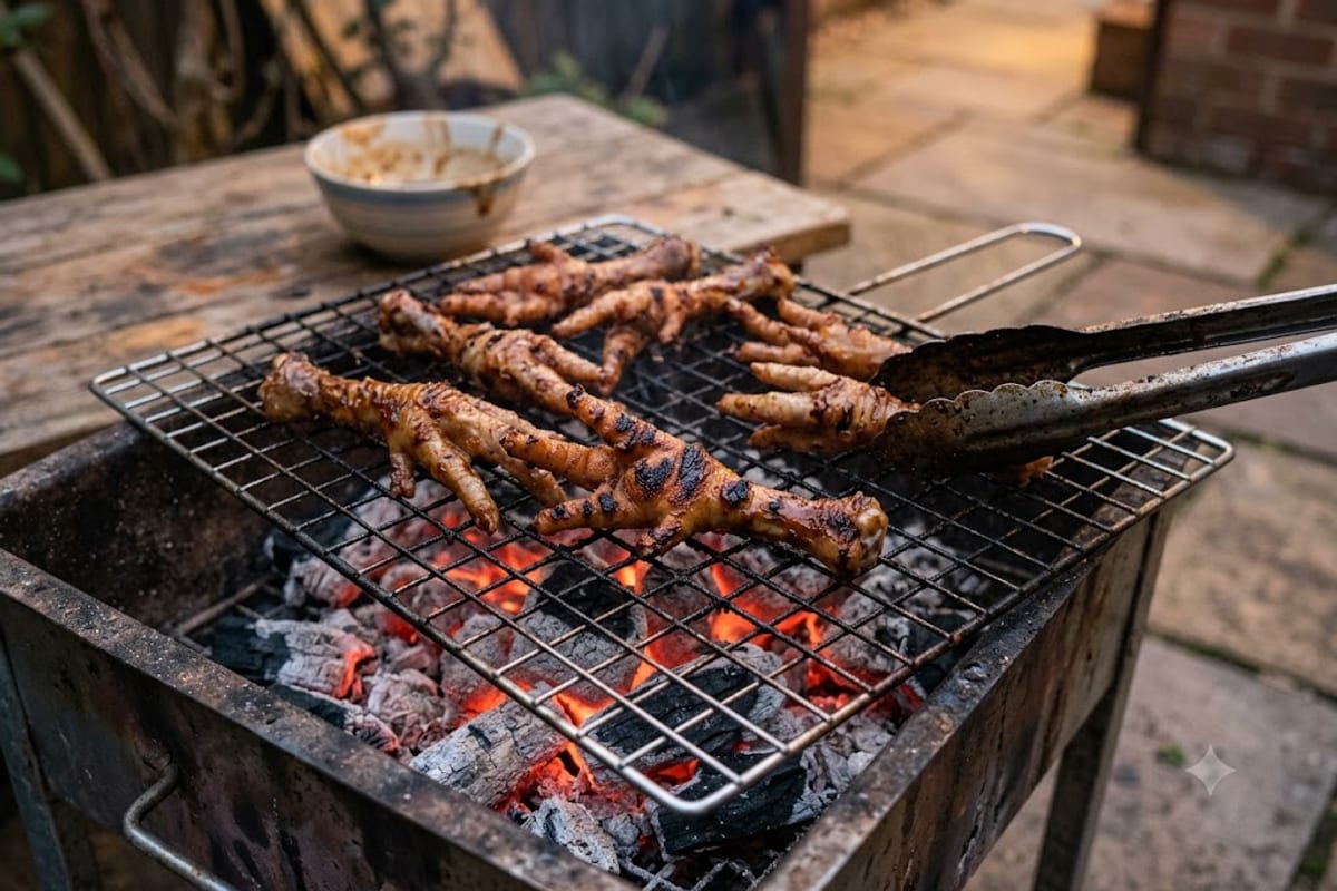 Nướng chân gà trên vỉ than hồng
