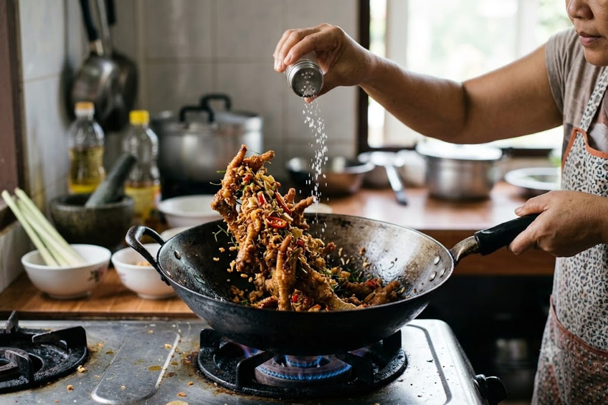 Đảo chân gà với sả tỏi và muối trên lửa nhỏ