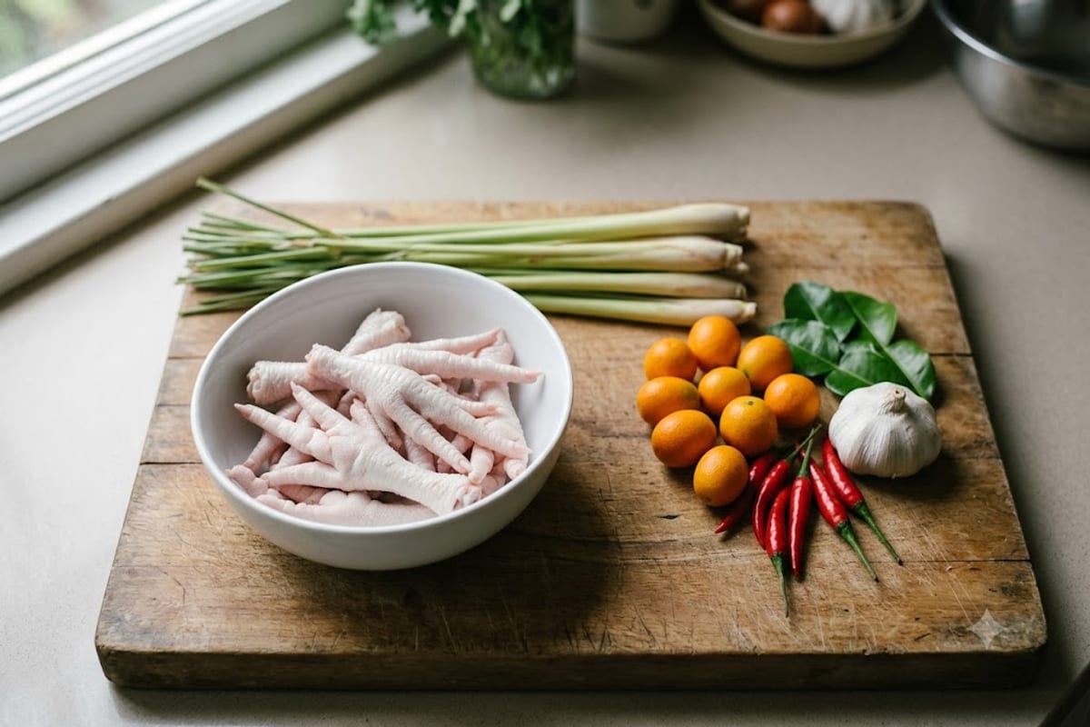 Nguyên liệu làm chân gà sả tắc bày trên thớt gỗ