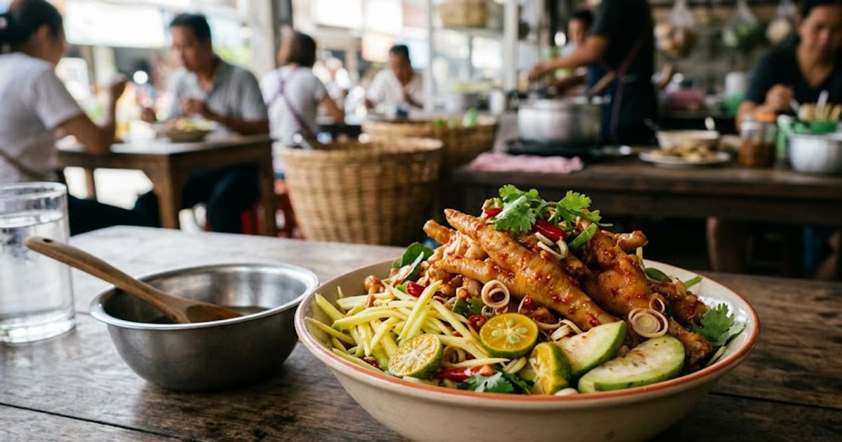 Tô chân gà sốt Thái đỏ cam bóng, xen xoài xanh bào sợi, cóc bổ miếng, tắc lát và rau mùi
