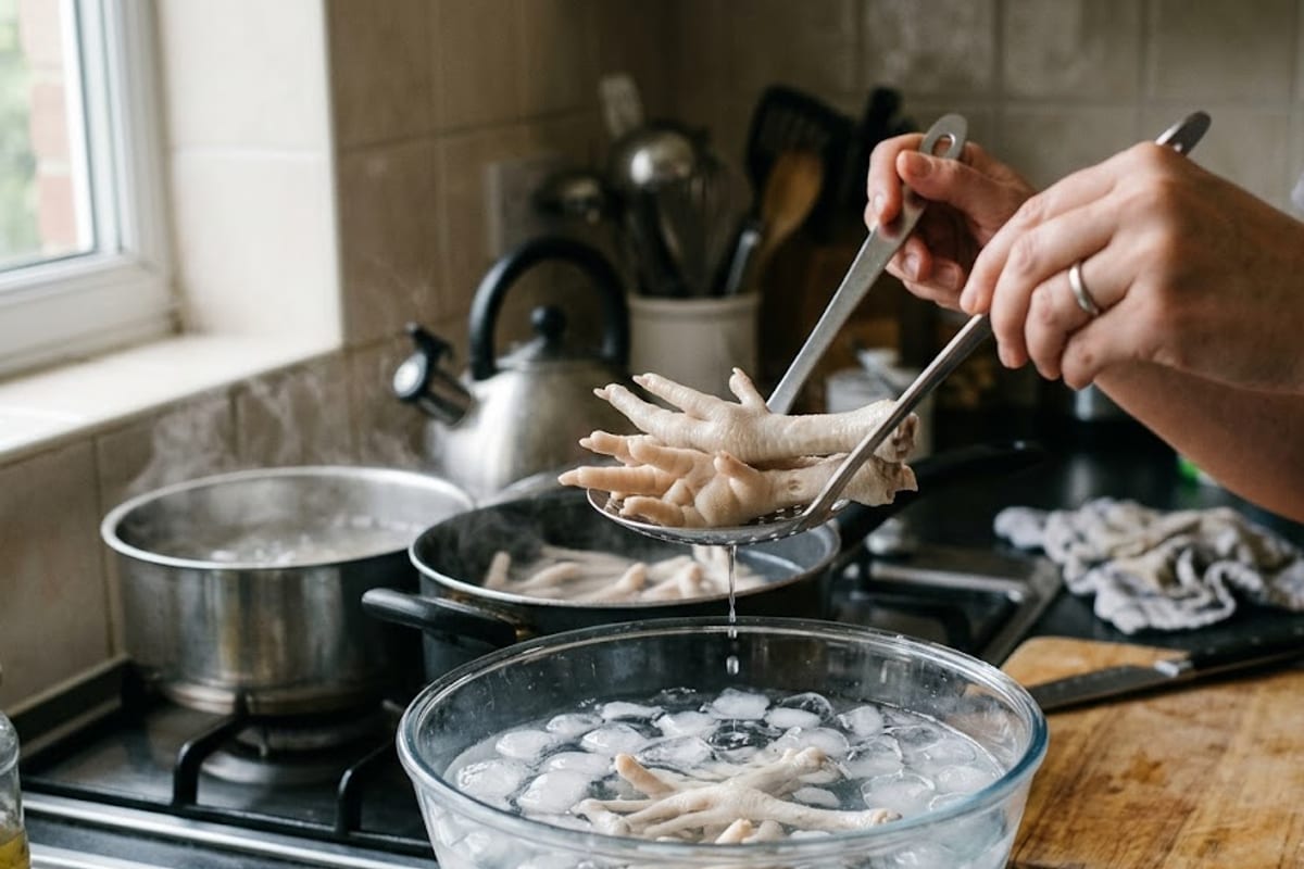 Chân gà vừa luộc được vớt vào thau nước đá, da căng trắng