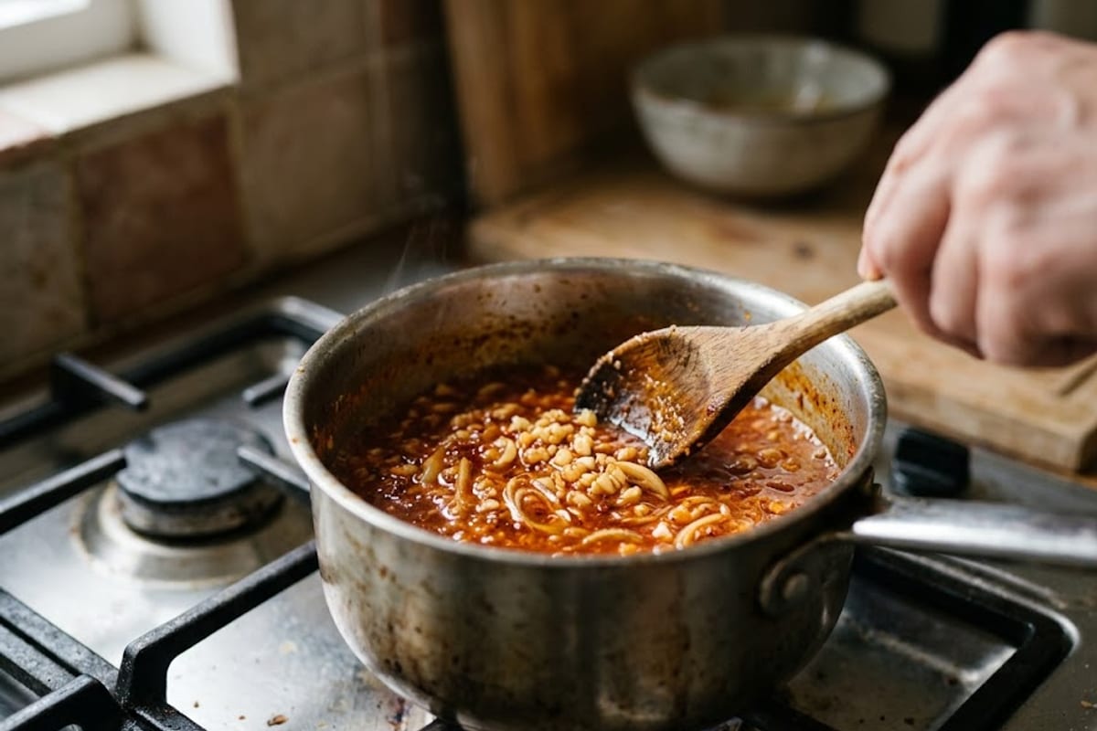 Nồi sốt đỏ cam đang sôi nhẹ, tỏi sả băm nổi trên mặt