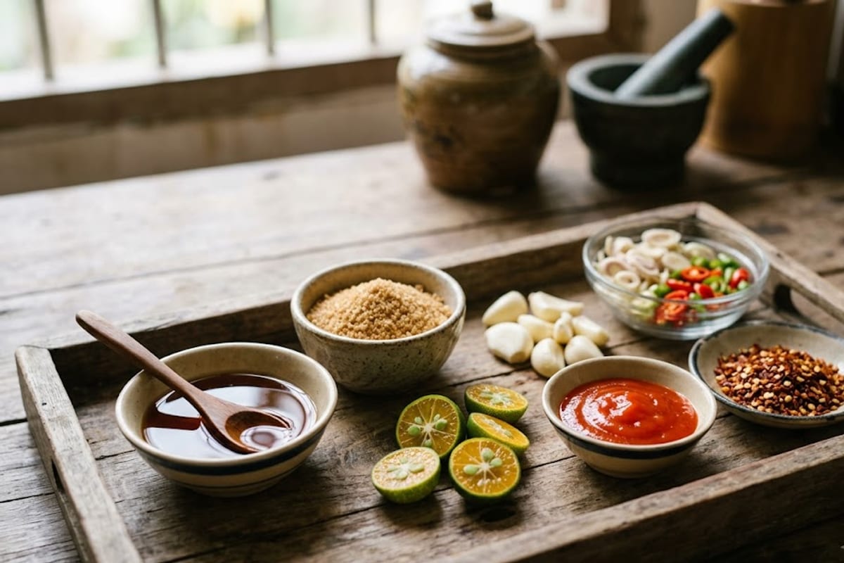 Nguyên liệu pha sốt bày trên khay: nước mắm, đường, tắc, tương ớt, ớt bột, tỏi, sả, ớt tươi