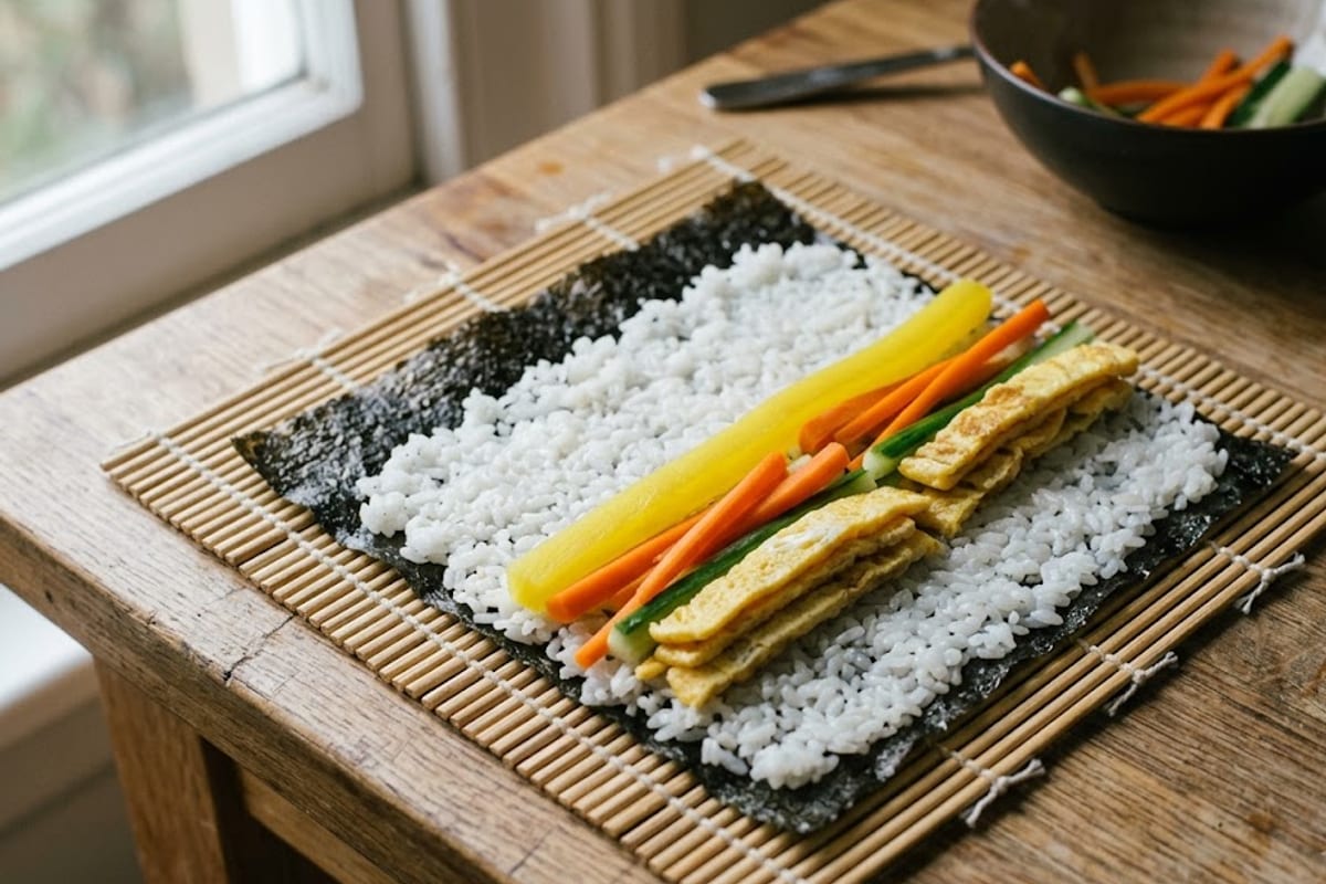 Thanh củ cải vàng đặt giữa lớp cơm trên lá rong biển cùng trứng, cà rốt, dưa leo, sắp cuộn