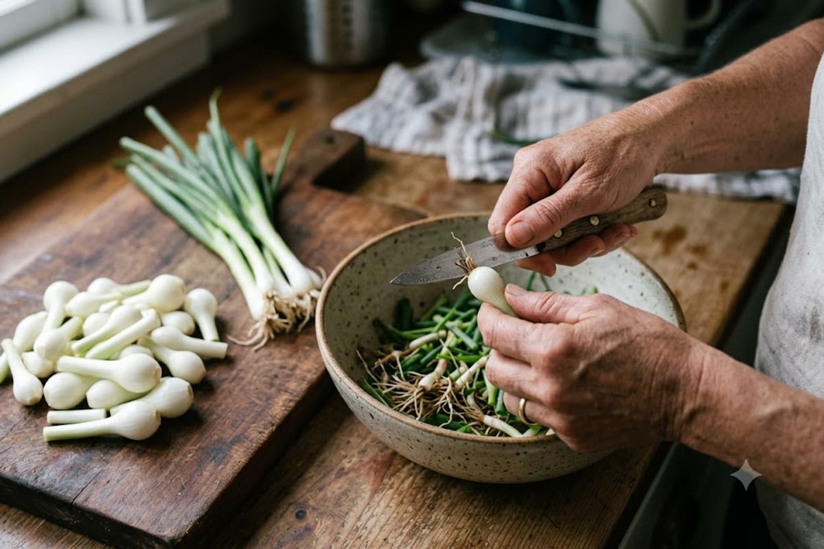 Cắt bỏ rễ và phần lá, lột lớp vỏ lụa ngoài của củ kiệu