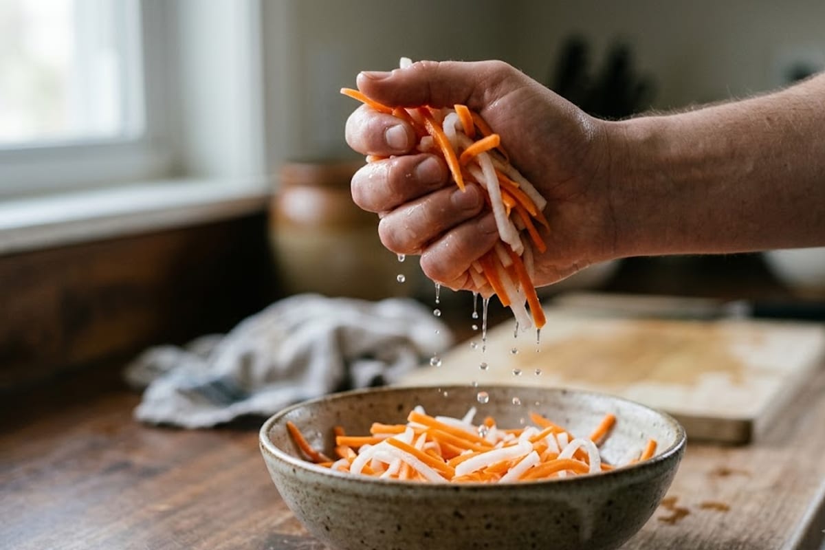 Sợi cà rốt củ cải bóp muối trong thau, nước chảy ra, tay vắt ráo