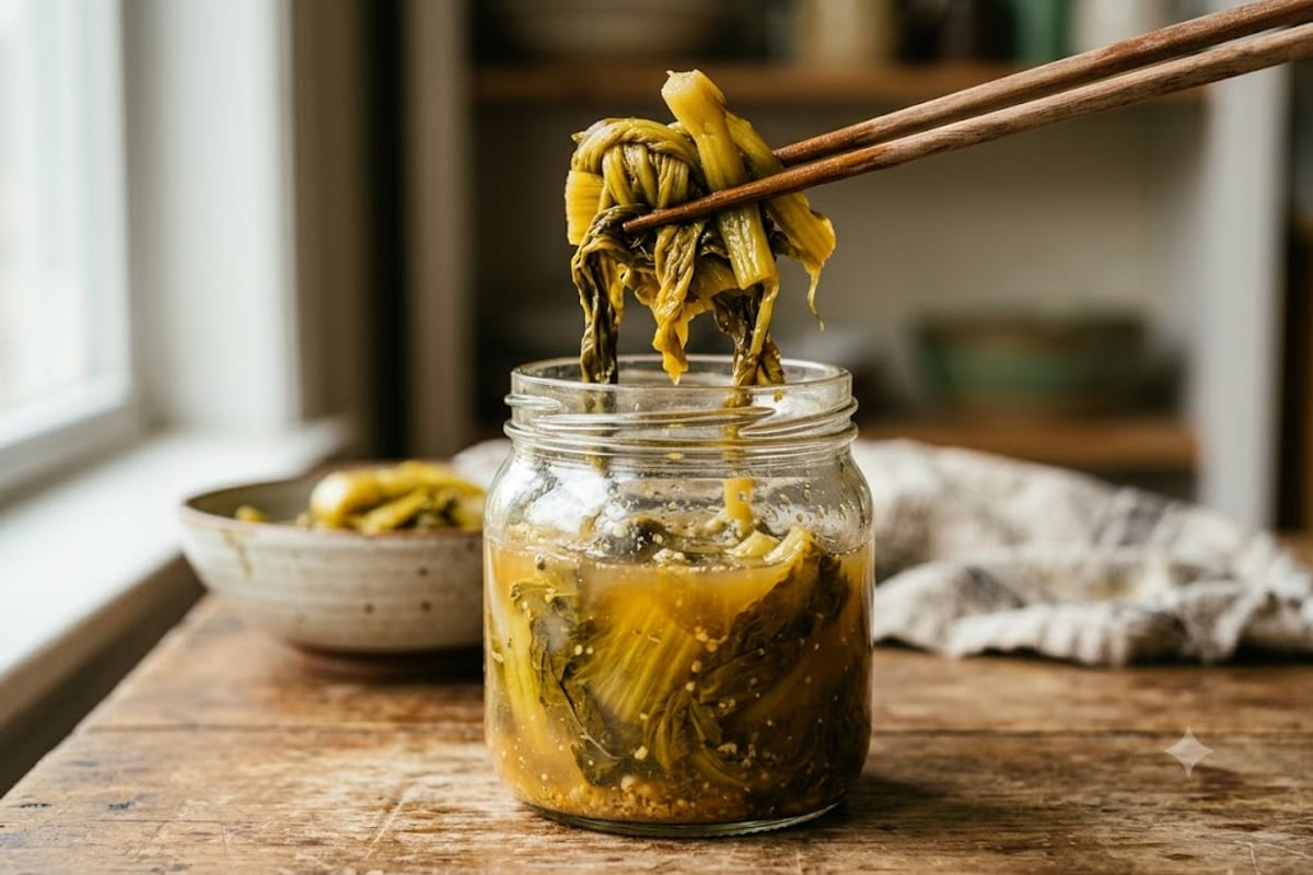 Dưa cải sau 3–4 ngày đã vàng đều, nước dưa hơi đục