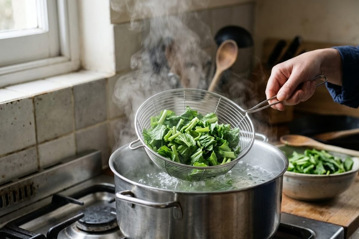 Cải được nhúng vào nồi nước sôi bằng rổ, chỉ vài giây