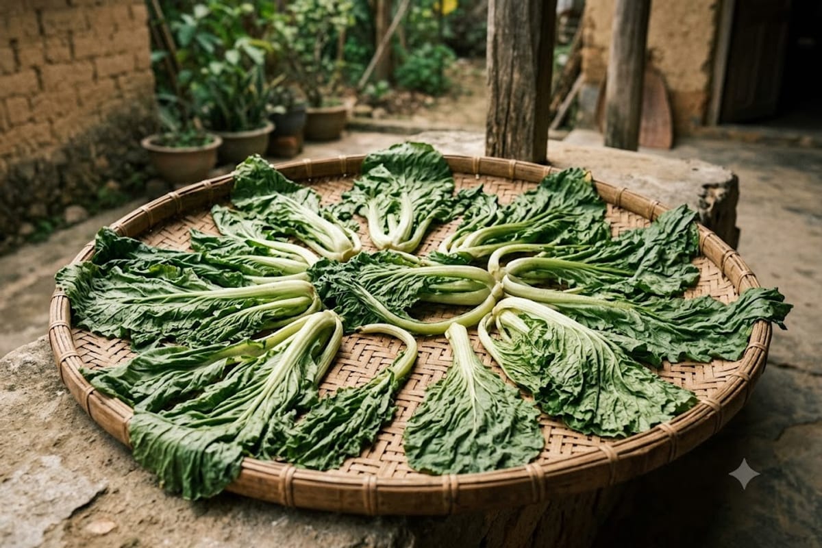 Phơi cải cho héo trước khi muối