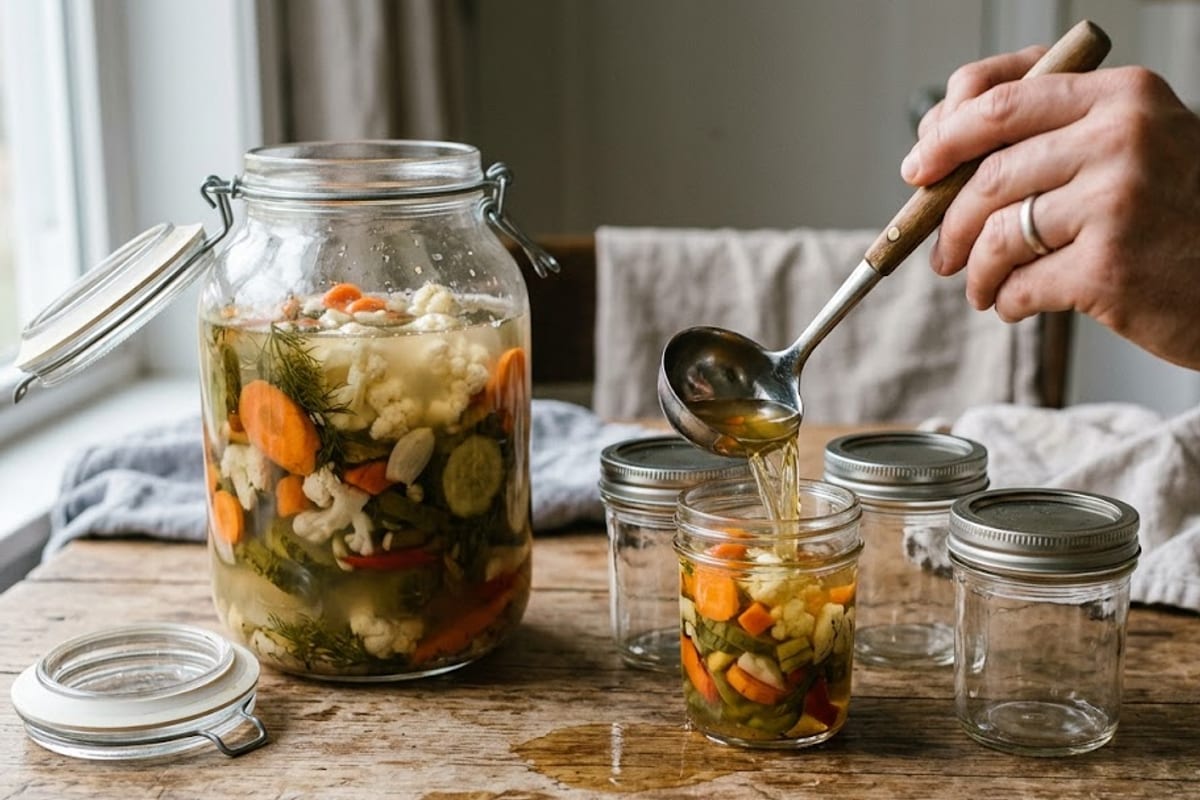 Dưa được chia từ hũ lớn sang mấy hũ nhỏ để mỗi lần chỉ mở một hũ