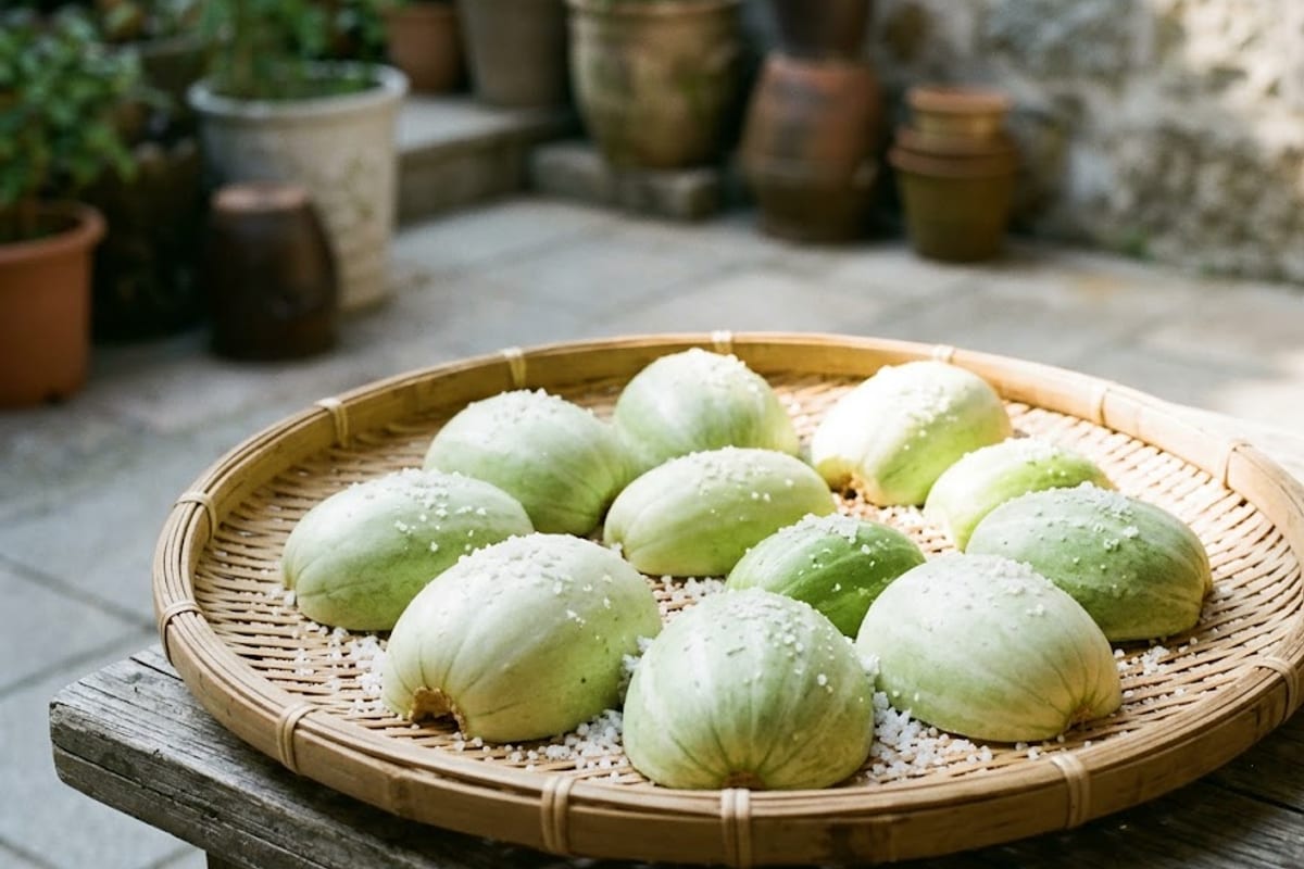 Nửa quả dưa gang đã xát muối, úp mặt cắt lên nia phơi nắng