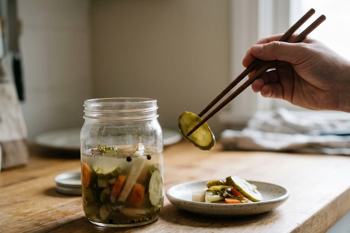 Gắp dưa bằng đũa sạch khô, không dùng tay và không dùng đũa đang ăn
