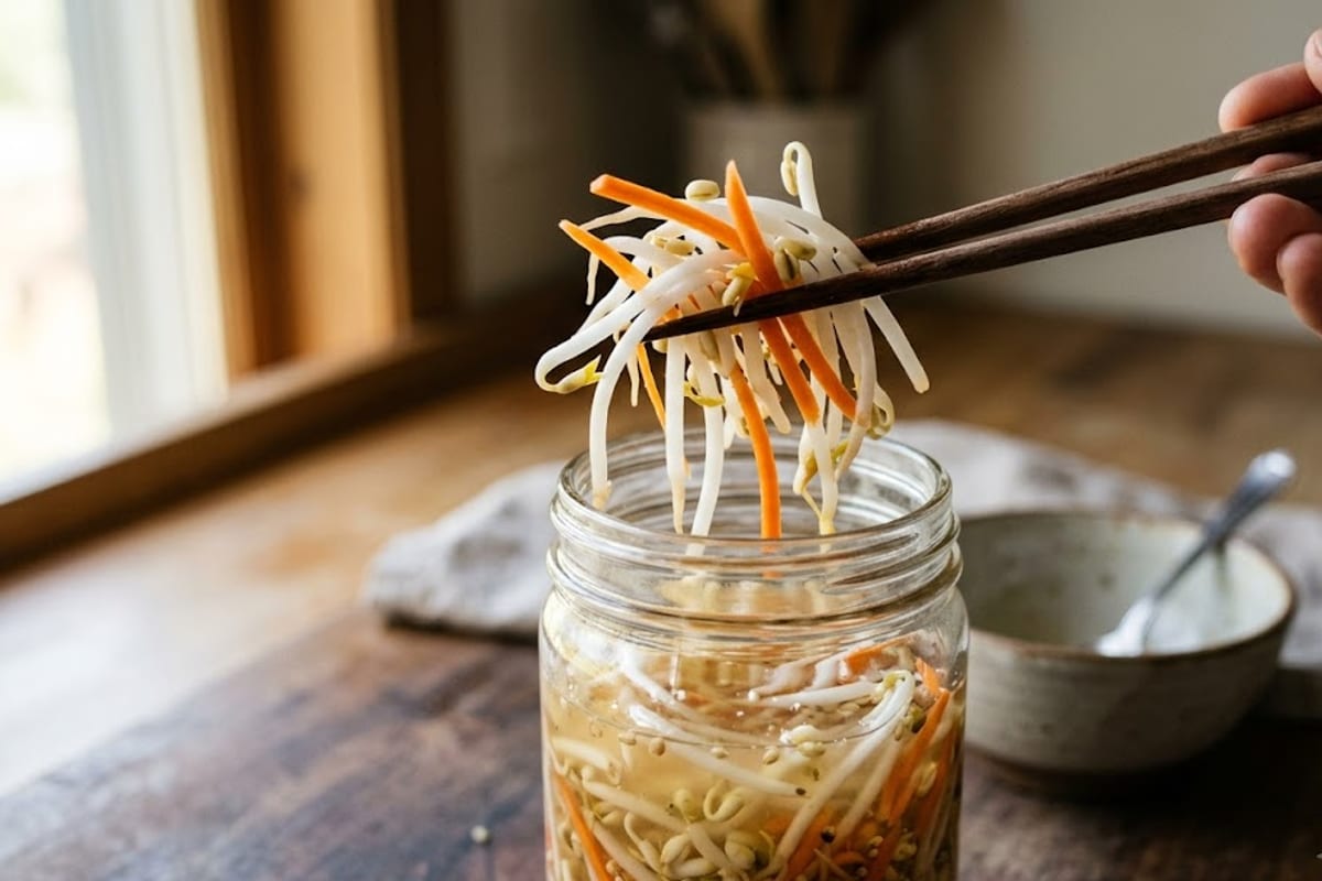 Dưa giá sau 1 ngày, giá vẫn trắng và thẳng, nước hơi đục