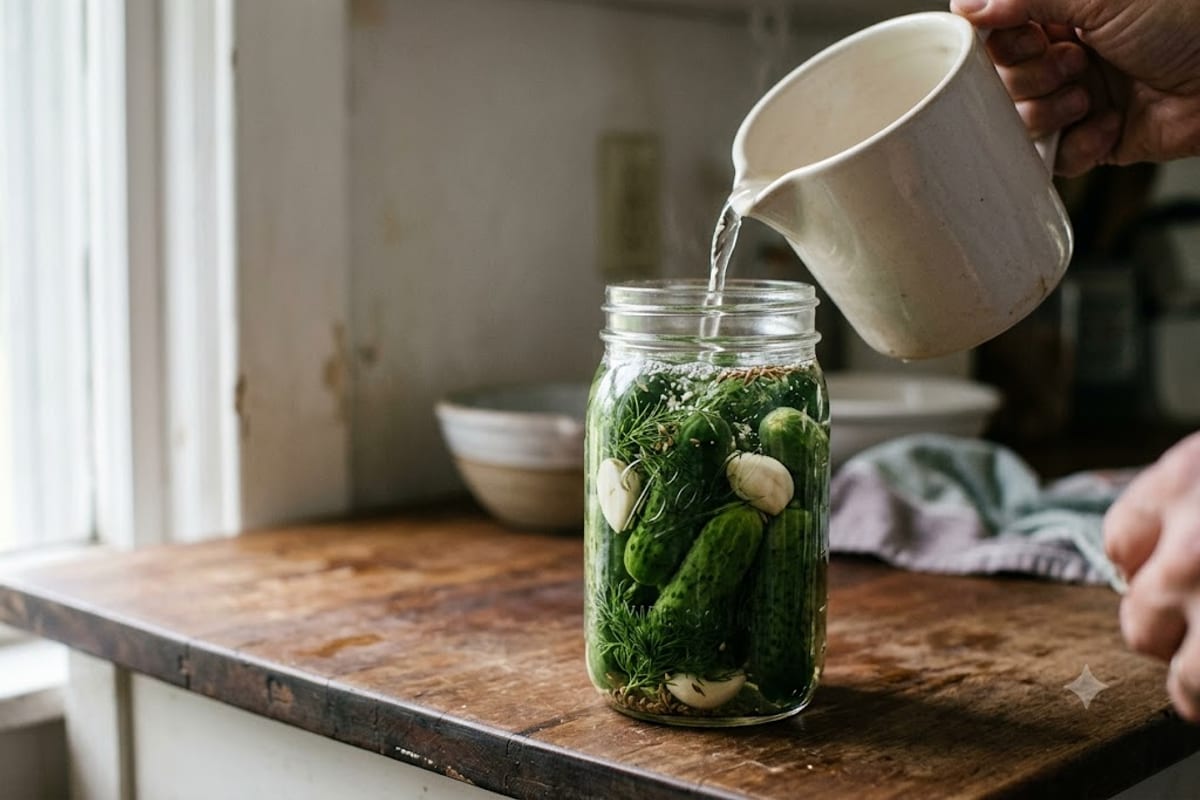 Đổ nước muối ấm ngập dưa và nén lại