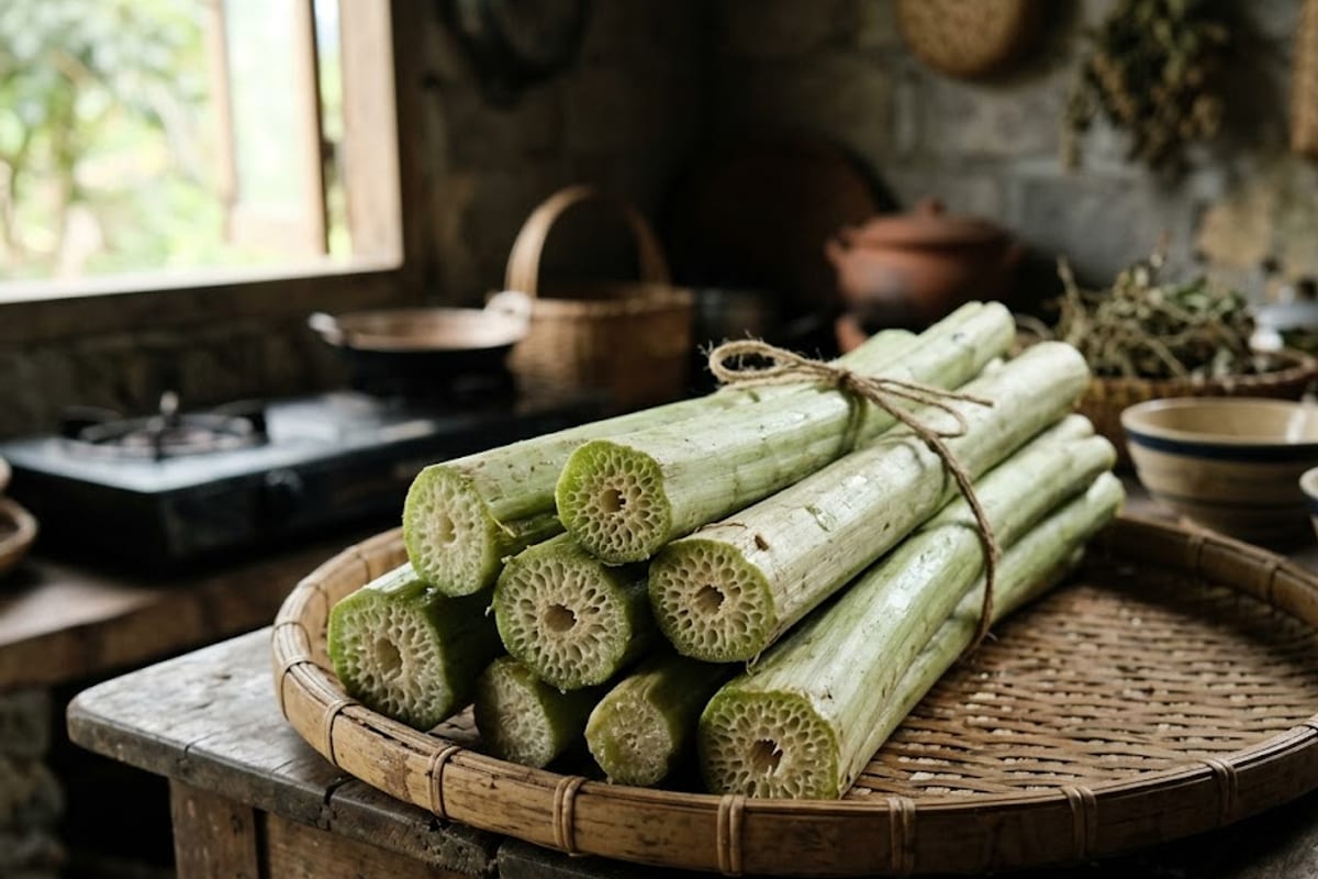 Bó dọc mùng tươi, cọng to, xanh nhạt, mặt cắt xốp