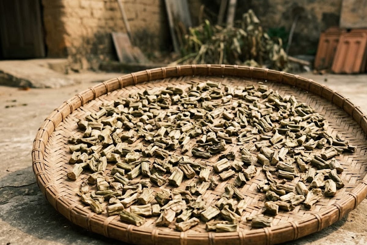 Khúc dọc mùng trải trên nia phơi nắng, đã héo và co lại