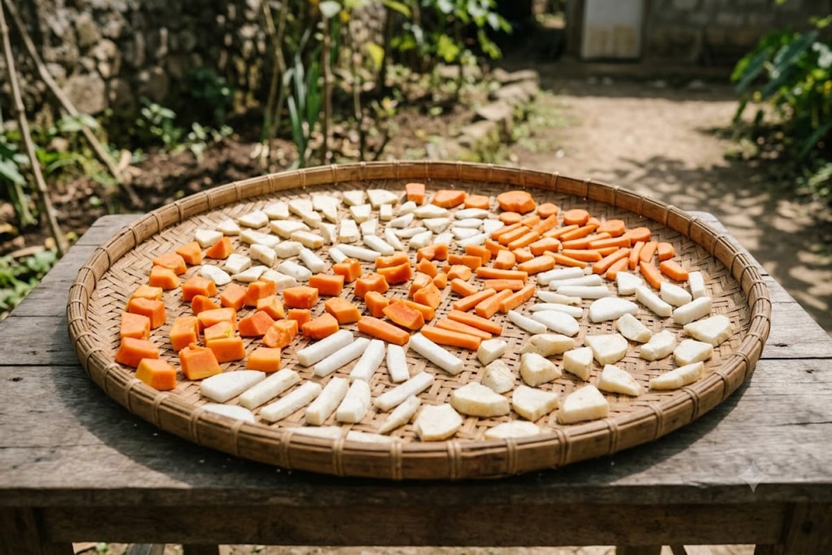 Phơi rau củ cho dưa món trên nia