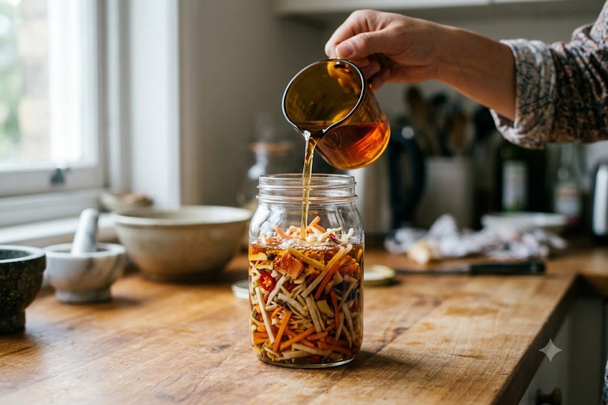 Cho dưa món vào hũ và đổ nước mắm đường ngập