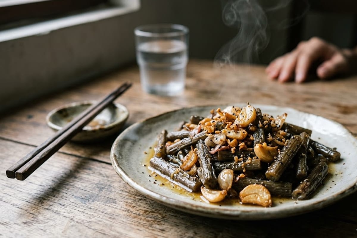 Đĩa dưa môn xào tỏi vàng nhạt, thơm, rắc tiêu