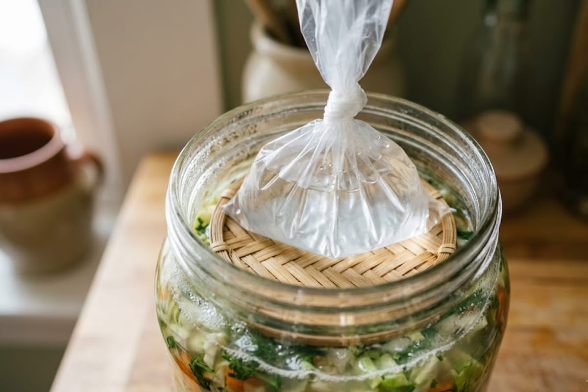 Vỉ tre và túi nước đè trên mặt dưa, toàn bộ dưa nằm dưới mặt nước