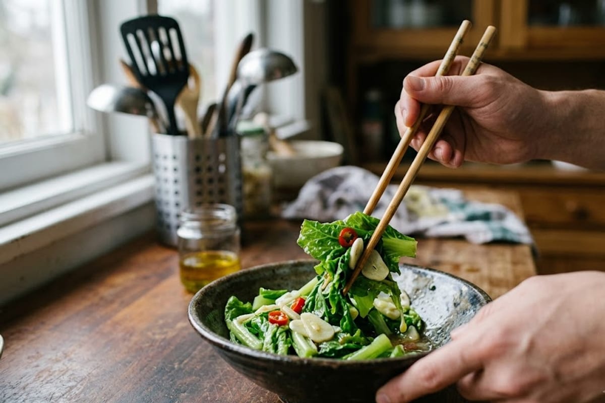 Cải đã vắt ráo trộn với giấm đường, nước mắm, tỏi ớt trong tô