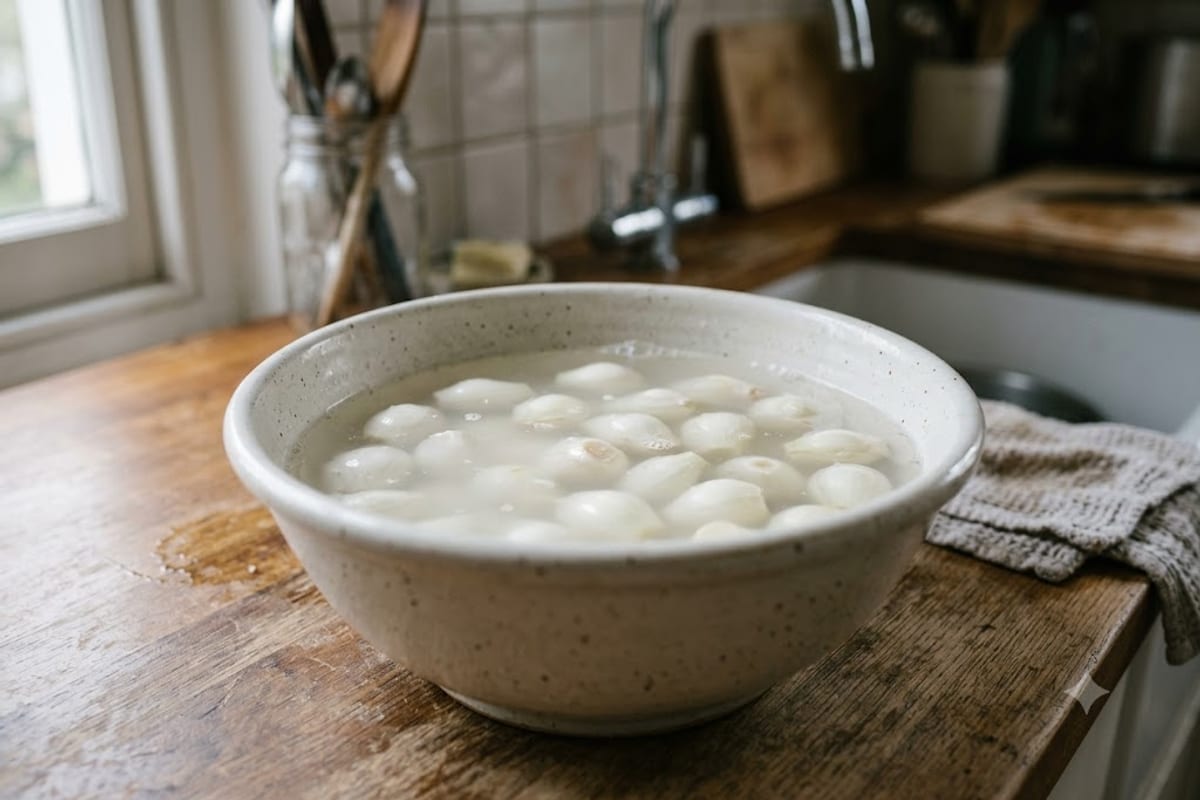 Ngâm hành đã bóc vỏ trong nước muối loãng qua đêm
