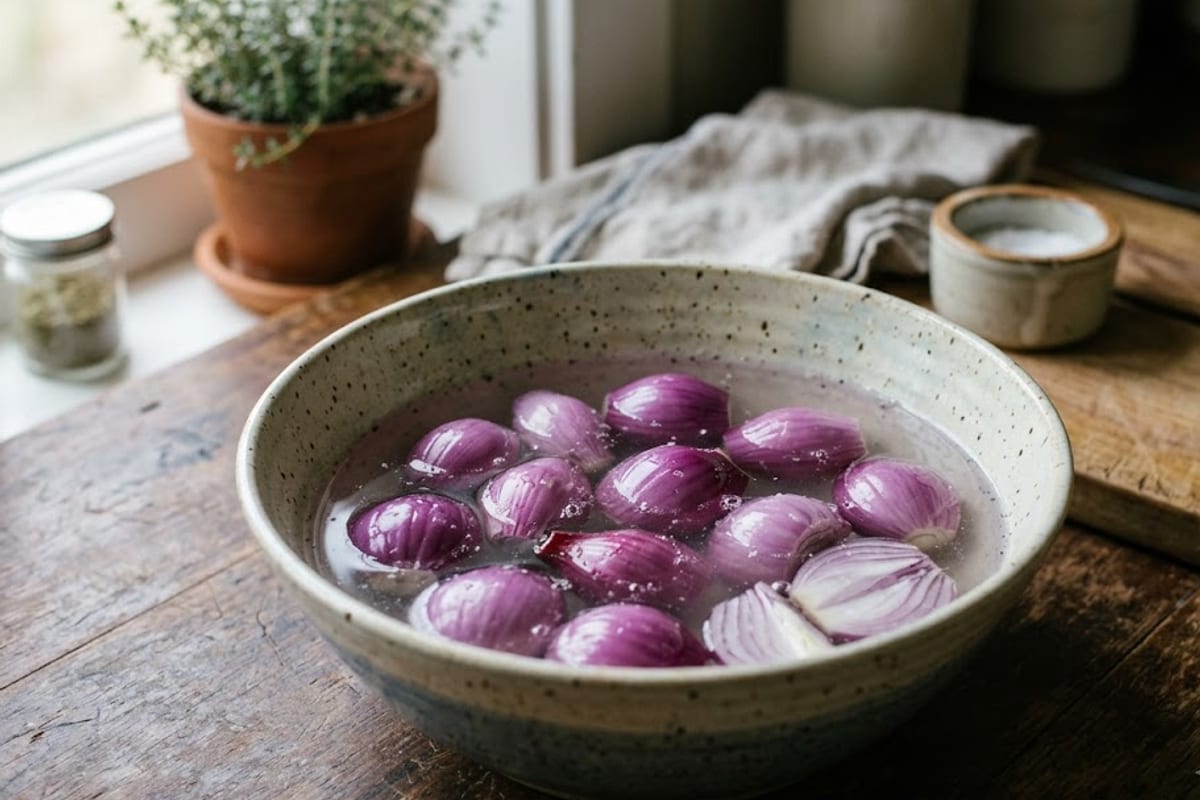 Hành tím đã bóc vỏ ngâm trong thau nước muối loãng