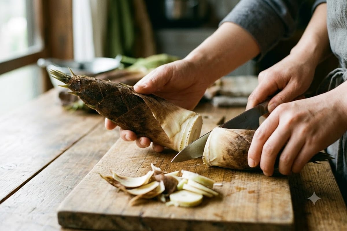 Bóc vỏ và cắt bỏ phần gốc già của măng tươi