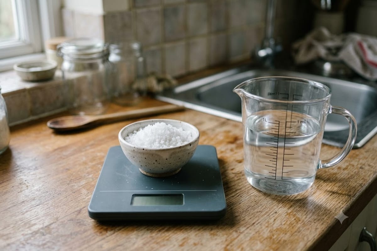 Cân 30 g muối cho 1 lít nước khi pha nước muối dưa