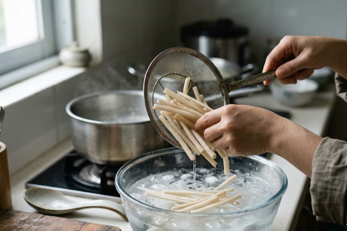 Ngó sen vừa chần được vớt vào thau nước đá