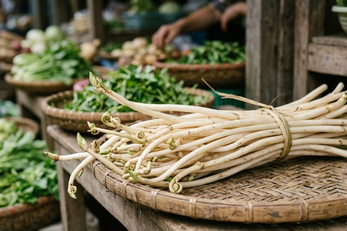 Bó ngó sen tươi, cọng thẳng, trắng ngà, đầu ngọn còn cuộn non