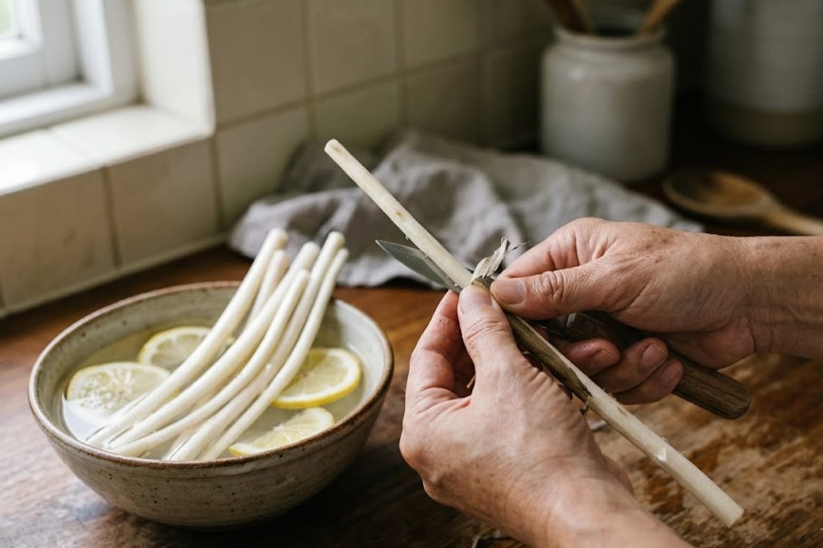 Tay tước vỏ ngó sen, cọng đã tước thả ngay vào thau nước có lát chanh